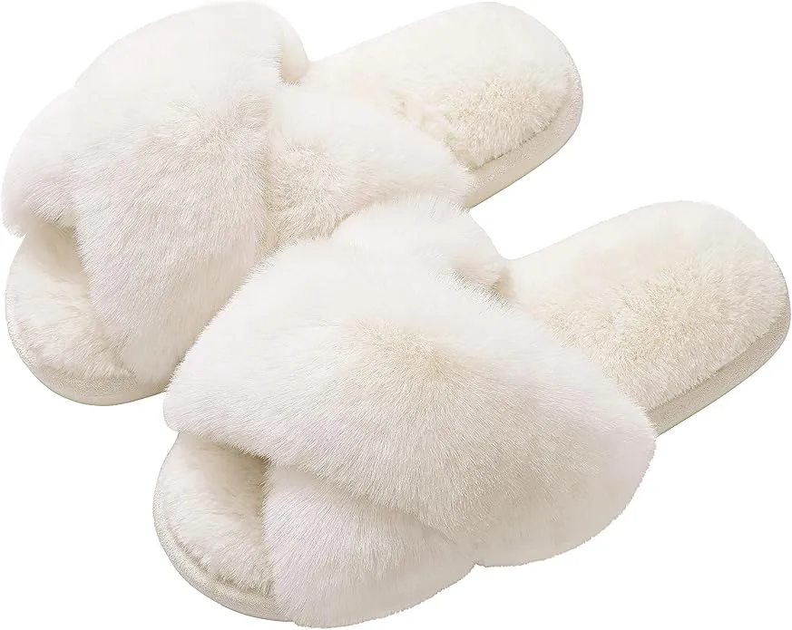 Evshine Women's Fuzzy Cross Band Memory Foam Slippers
